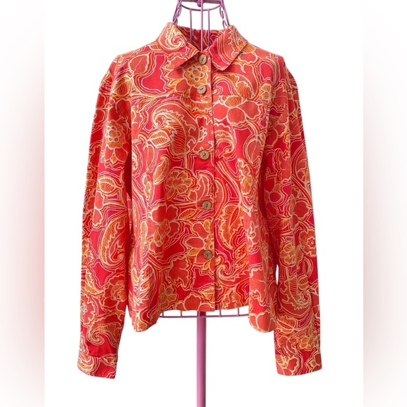 Coldwater Creek Floral Jacket Top Women’s Size Large Orange Coastal 100% Cotton - Picture 10 of 10